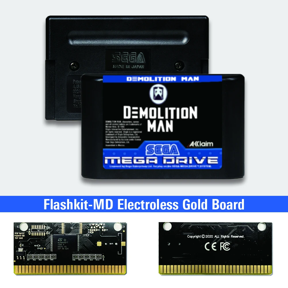 

Demolition Man - EUR Label Flashkit MD Electroless Gold PCB Card for Sega Genesis Megadrive Video Game Console