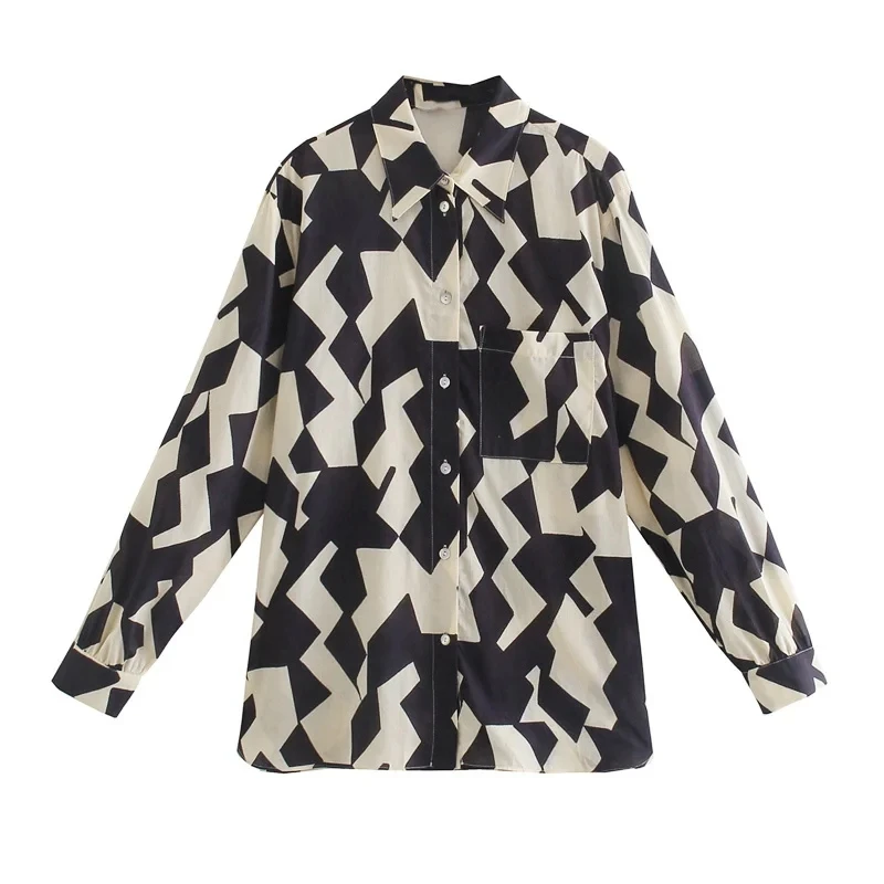 

Dave&Di England High Street Vintage Geometric Printing Casual Personality Blusas Shirt Blouse Women And Top Autumn