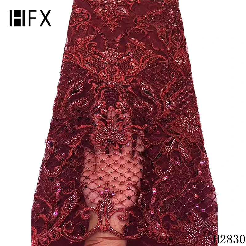 HFX бордовый цвет бисерная кружевная ткань Африканская Роскошная вышитая