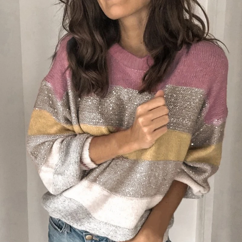 Женский трикотажный свитер с круглым вырезом длинным рукавом | Женская одежда