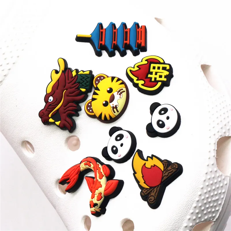 High imitation 1pcs Dragon PVC Shoe Charms Accessories Carp Bonfire Panda Tower Tiger JIBZ fit Croc Charms Bracelet Kids Gifts
