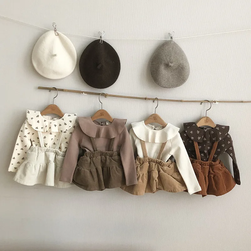 

Toddler Baby Girls Clothing Set Vintage Kids Ruffles Long Sleeve Flroal Pullover Newborn Knit Top+Corduroy Skirt Outfits Suit