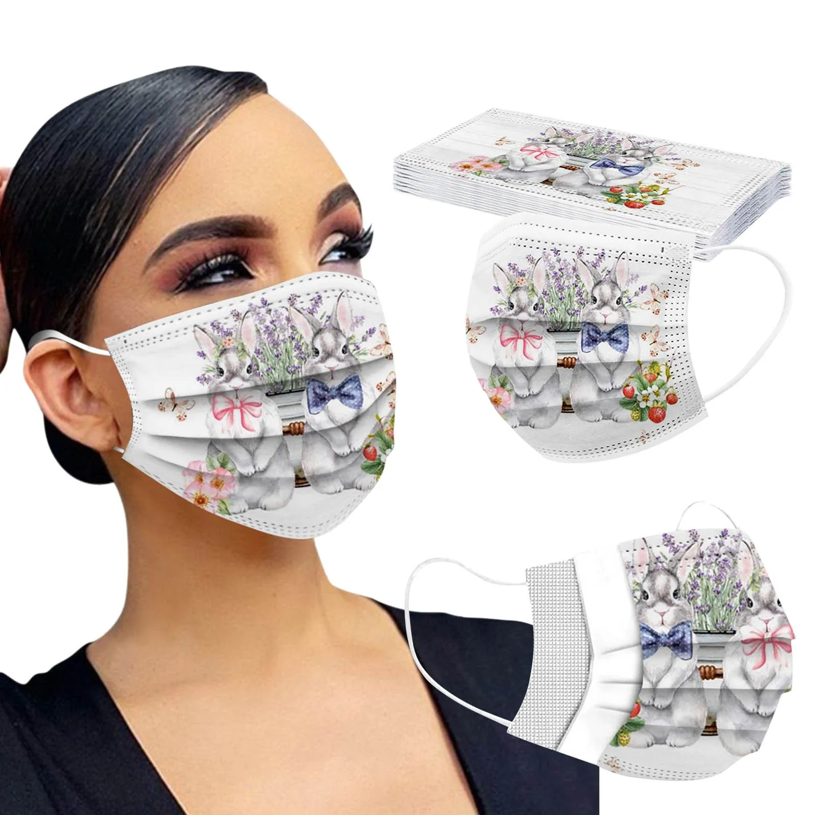 

10pcs Happy Easter Children's Cartoon Disposable Face Mask Rabbit Printing masque Three Layer Protective Mask Mascarillas