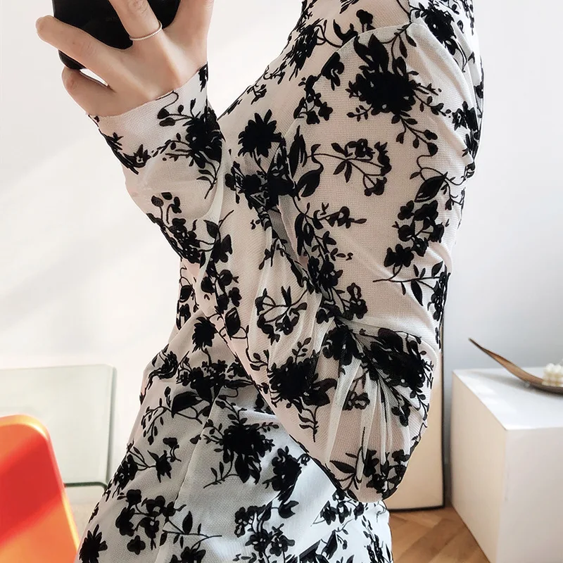 

T-shirts Women Sexy Lace Mesh French Style Bottom Long Sleeve Female Blouse Print Color 2021 New Fashion Casual C2398