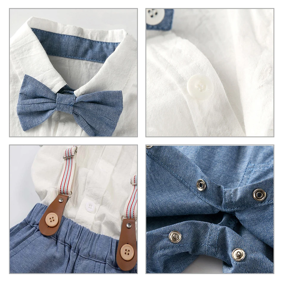 

2Pcs Set for Infant Baby Boys 2021 Summer Pajamas Lapel Gentleman's White T-Shirt Overalls Bow Tie Children's Casual Clothing