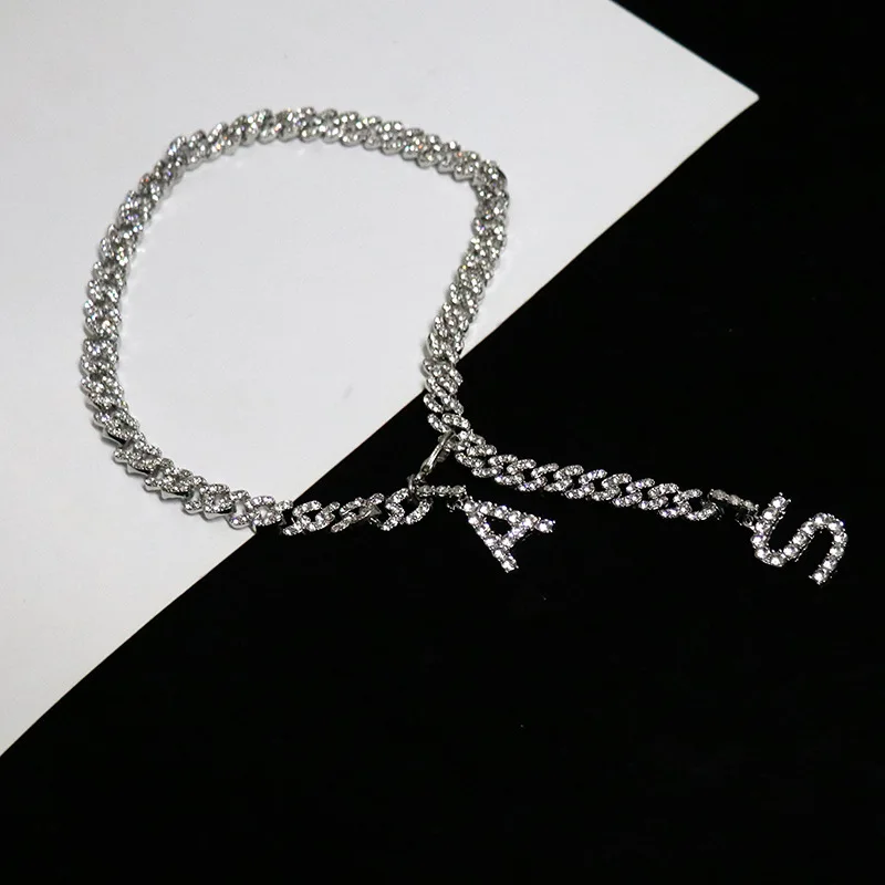 

Luxurious Hip hop Letter A-S Cuba chain Unisex Men and Women Necklace Full Rhinestone Shining Fashion Charm Neck chain