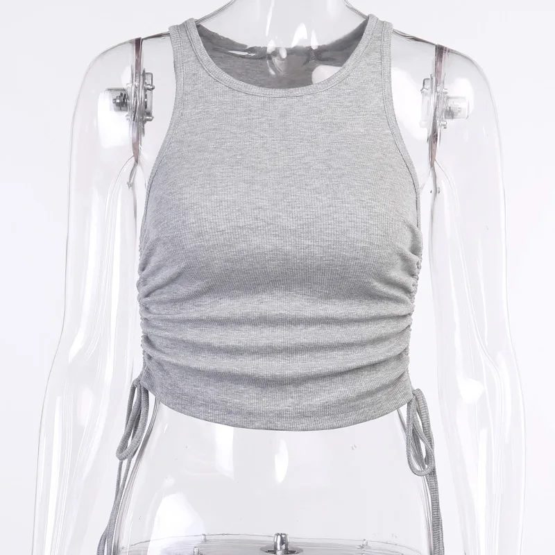 

WannaThis O-Neck Sleeveless Side Bandage Drawstring Tank Top Women Slim Ruched Crop Tops Women Summer Solid Casual Cropped Top