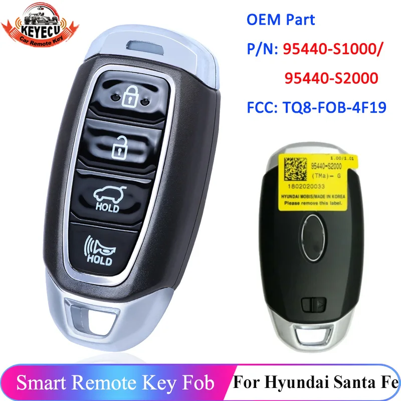 

KEYECU 4 Button OEM 433.92MHz 95440-S1000 95440-S2000 For Hyundai Santa Fe 2018 2019 2020 TQ8-FOB-4F19 Keyless Smart Remtoe Key