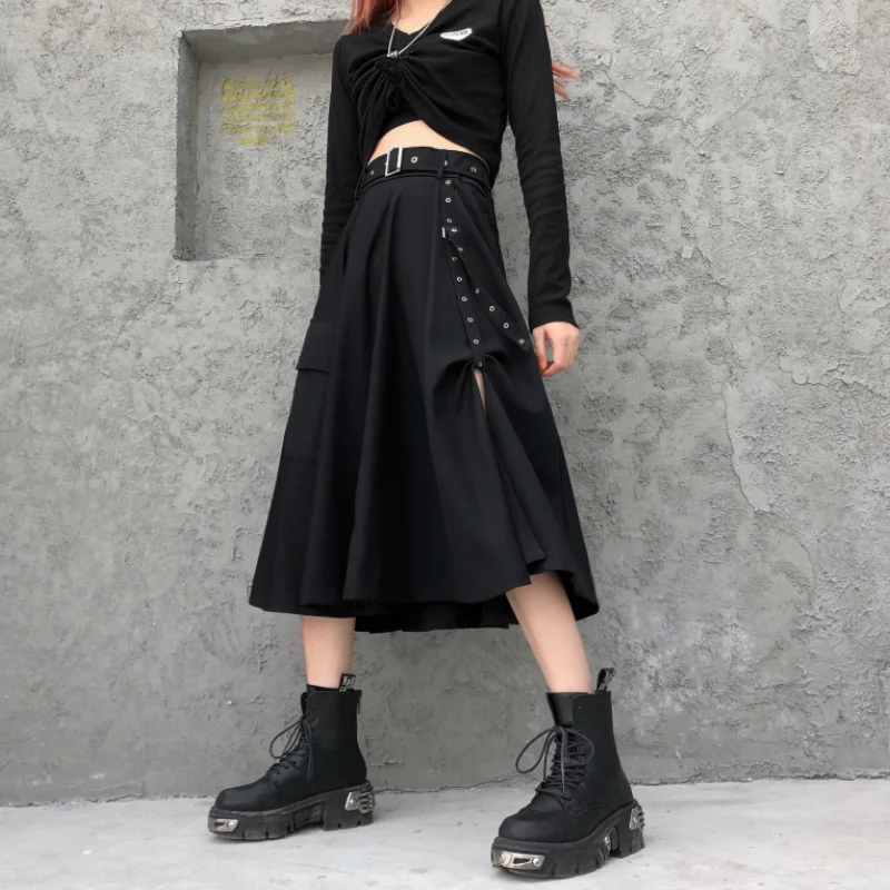 

Harajpoo Women Skirts High Waist Harajuku Style Summer Korean INS Retro Black Punk Split Ends Thin Mid Length A Line Skirt Tide