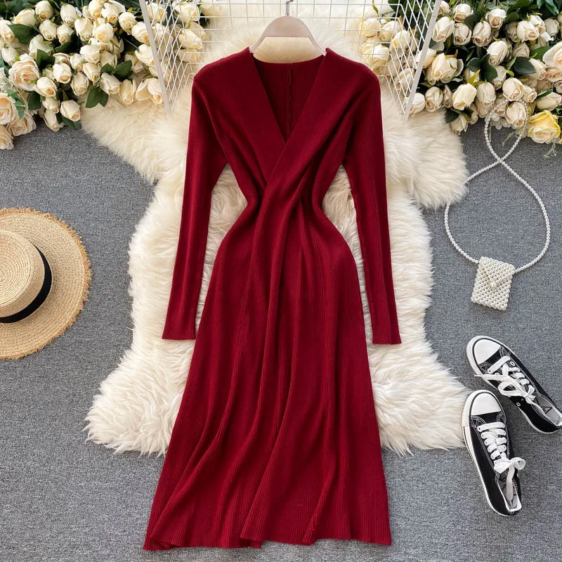 SINGRAIN Женское зимнее платье-свитер с v-образным вырезом модное базовое длинное