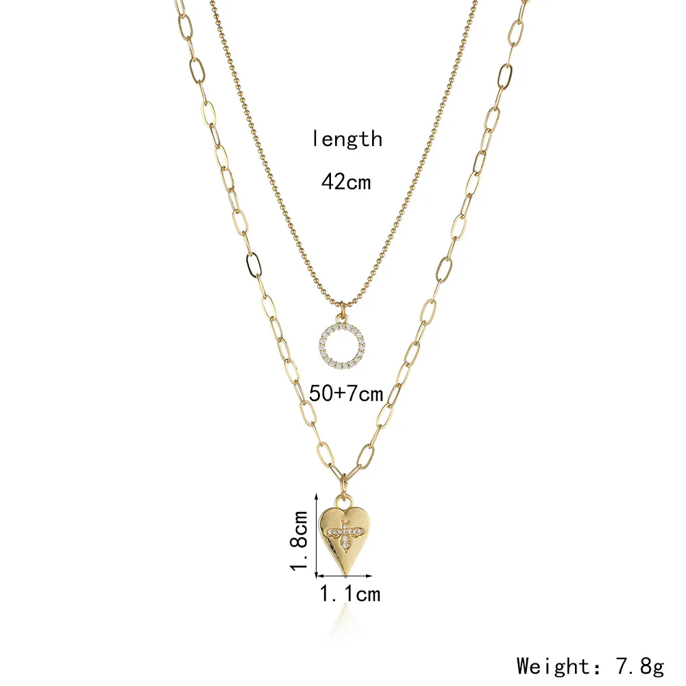 

Little Bee Zircon Circle Pendant Love Peach Heart Necklaces Gold Plated Double Layered Clavicle Chain For Women Fashion Jewelry