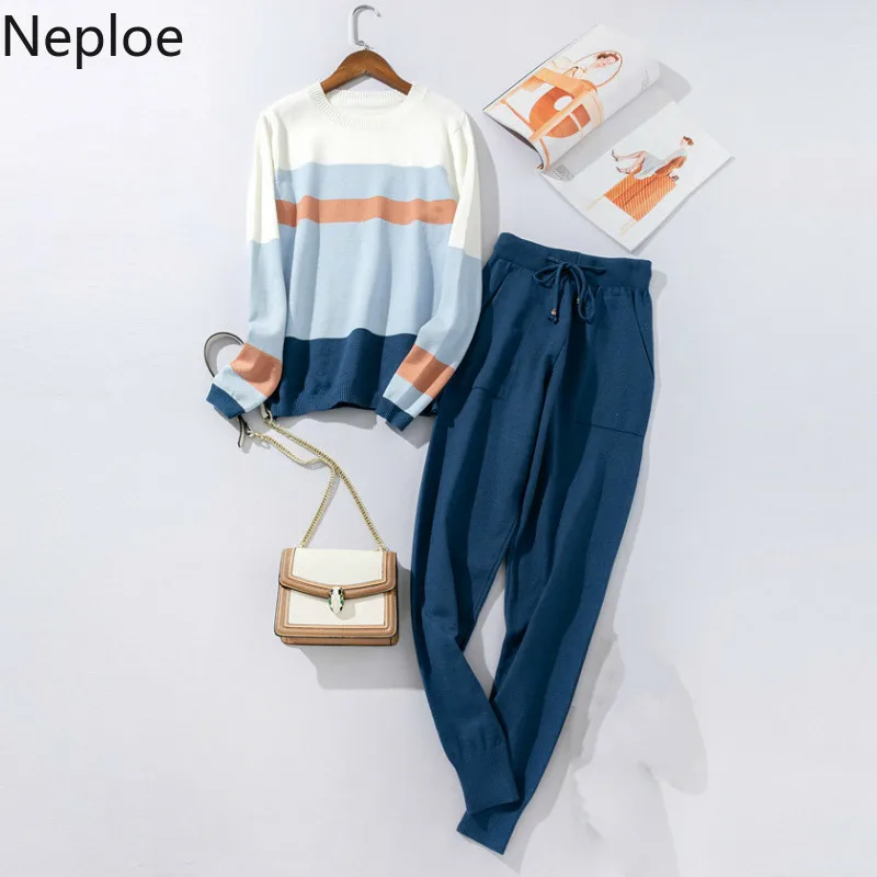 Neploe Conjuntos De Mujer Black Srtiped Short Kitt Sweater + High Waist Soild Pants Loose Slim Autumn Winter Women Set 46507 | Женская