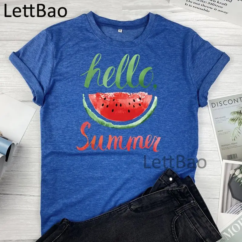 

Hello Summer Watermelon Print T Shirt Women 2021 New Fashion Graphic Cute Kawaii Fashion Hipster Summer Short Sleeve T-shirts