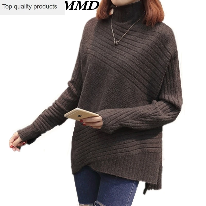 

2020 New Autumn Winter Large Size Loose High Collar Knit Pullover Sweater Women Solid Thick Long Bottoming Women Sweater CW227