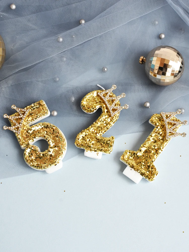

Gold Shiny Crown Number Candle Decorations Memorial Day Happy Birtfday Party Wedding Cake Topper Proposal Dessert Baking Supplie