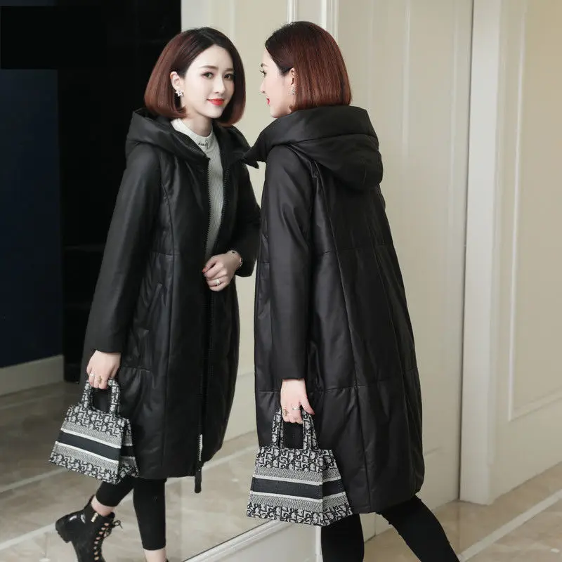 Long Lint Dress Plus Velvet 2022 Women's Leather Padded Jacket Winter Haining Commuter Imitation Fur Coat Solid Color