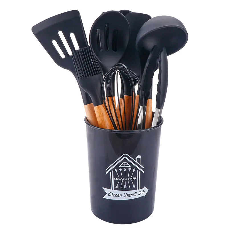 

11pcs/set Non-Stick Silicone Cooking Utensils Set Spatula Shovel Wooden Handle Cooking Tools Sets With Storage Box Kitchen Tool