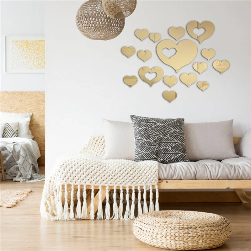 3D Mirror Wall Sticker Heart Shaped Mirror Wall Stickers Removable DIY Wall Poster Decor For Home Living Room