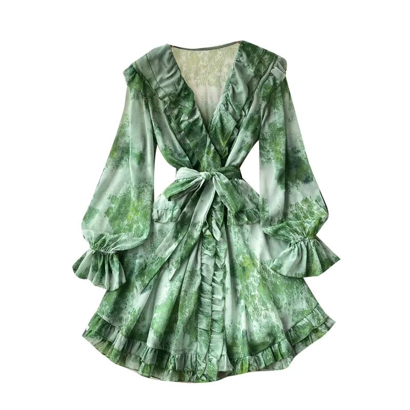 

Женское мини-платье с V-образным вырезом, длинным рукавом и поясом