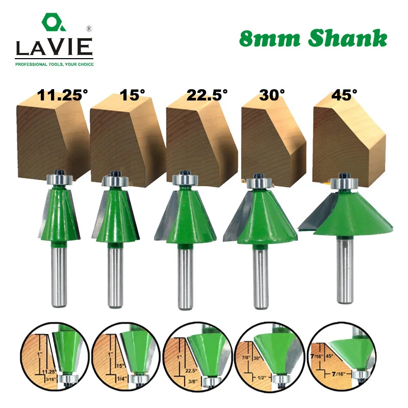 LAVIE MC02111 1 комплект 8 мм хвостовик Фаска фрезы 11,25 15 22,5 30 45 градусов фрезы для древесины вудокинг станки