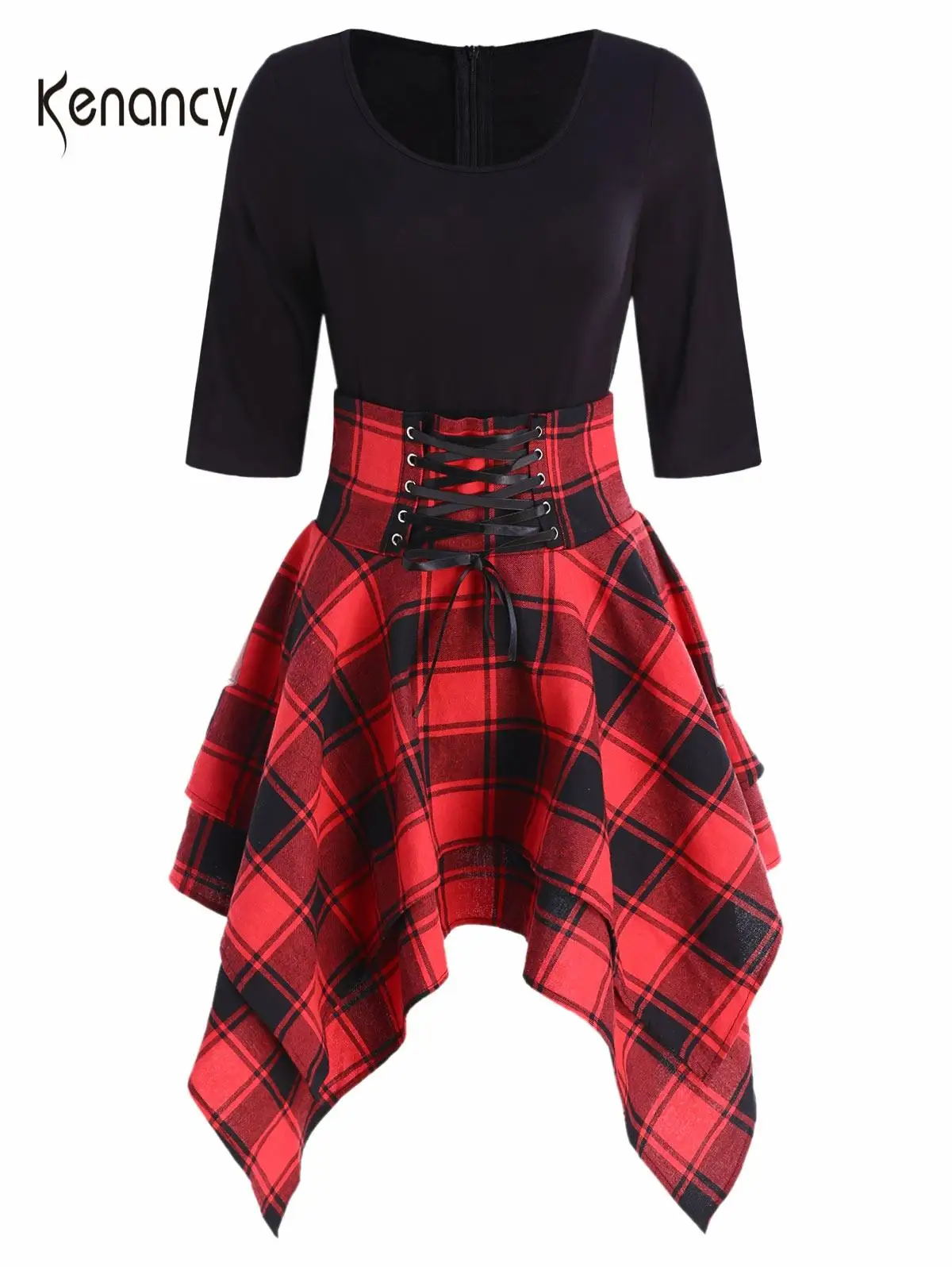 Женское Ассиметричное платье Kenancy винтажное в клеточку с коротким рукавом и о