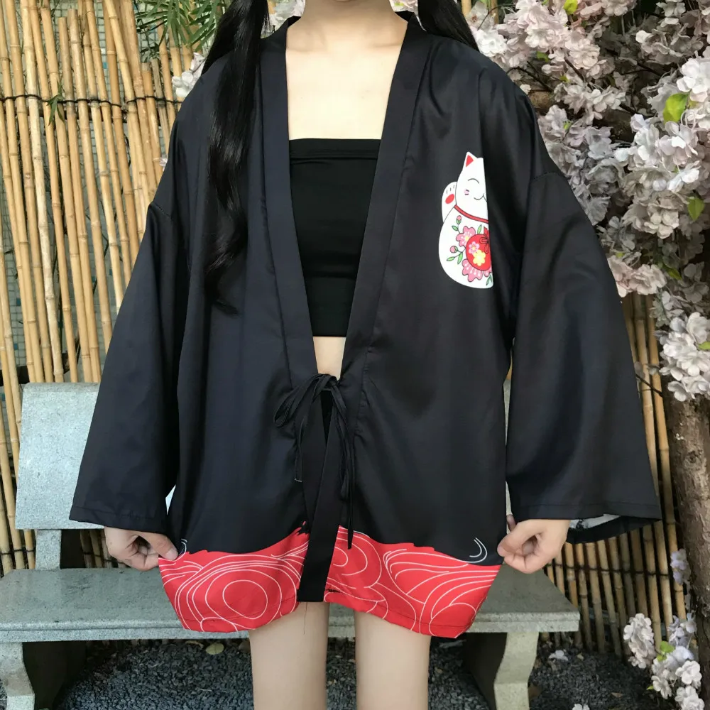 Черный белый Lucky Cat свободный женский кардиган Harajuku японское кимоно модные
