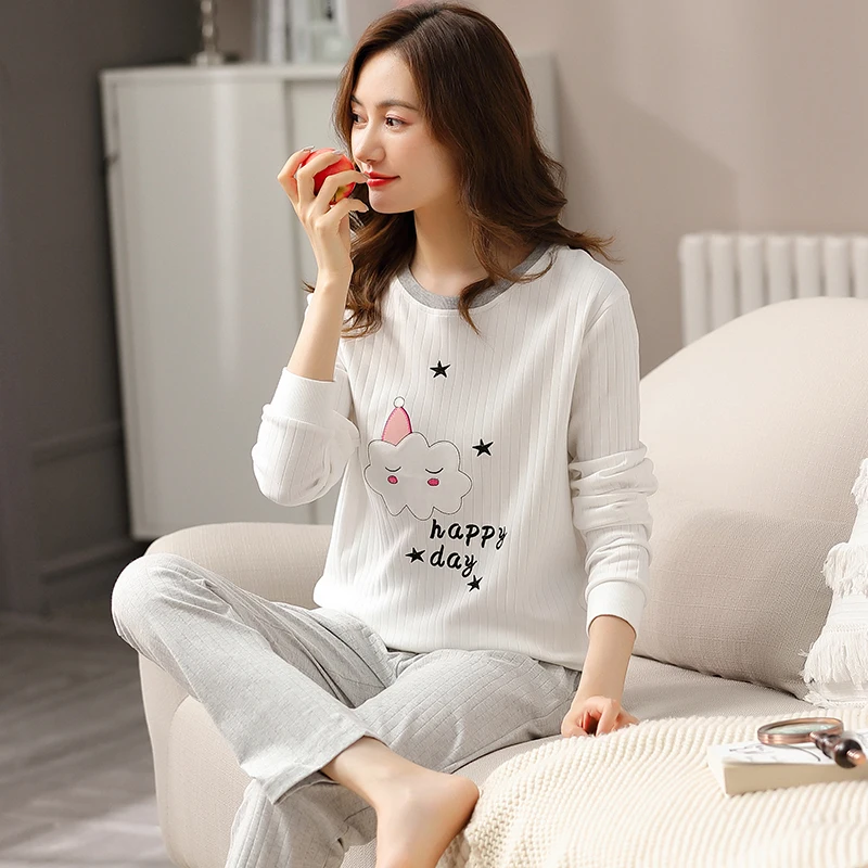 Winter 100% Cotton Pajama for Women Full Sleeves Pijamas Women Pure Cotton Sleepwear Cute Round Neck Cartoon White Pyjama Femme