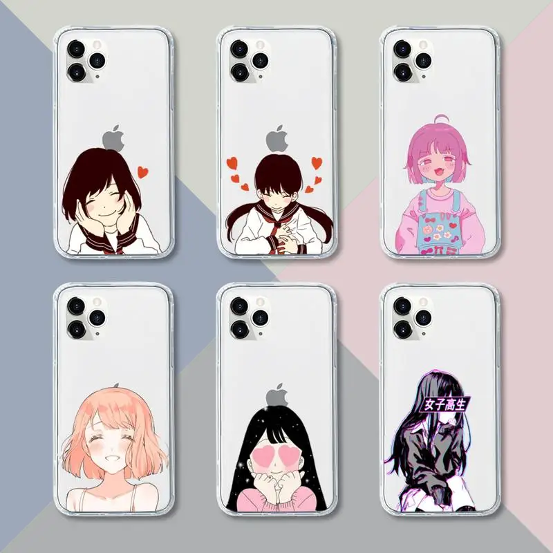 

Anime Aesthetic Girl Phone Case Transparent For iPhone 12 11 pro mini XS XR X max 5 6 s 7 8 plus Soft TPU Clear Mobile bags