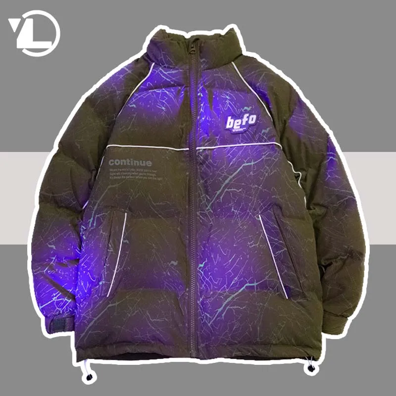 Mens Oversize Winter Parkas Purple Light-sensitive reflective Streetwear Cotton Jacket Women hip hop Harajuku Thick Coat Outwear
