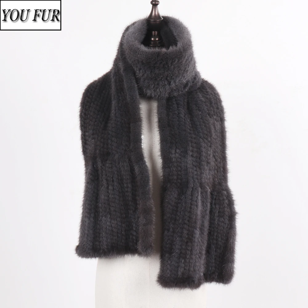 

New Winter Women Long Knitted 100% Genuine Mink Fur Scarf Shawl Natural Warm Mink Fur Muffler Lady Quality Real Mink Fur Scarves