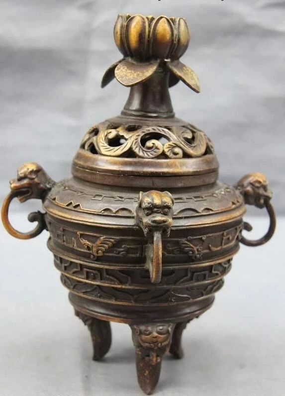 

Chinese Buddhism Temple Copper lotus flower Beast incense burner Censer