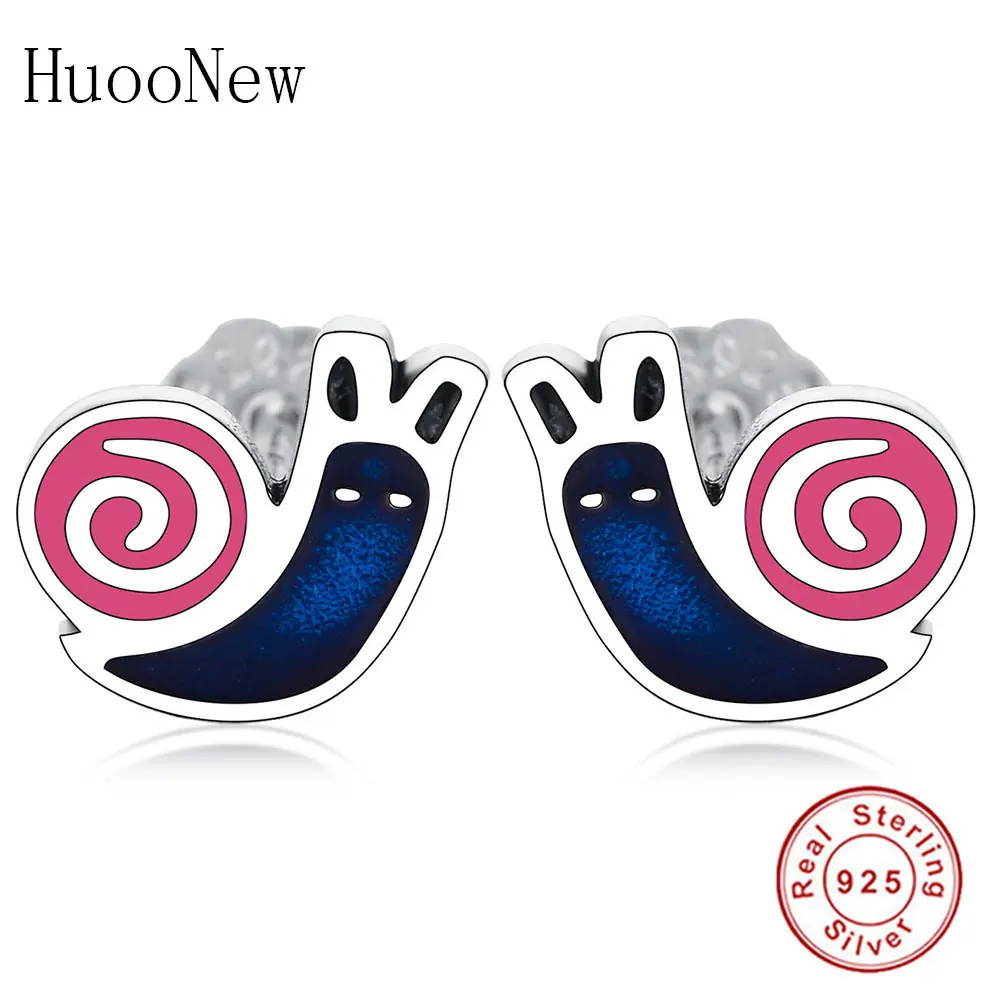 

HuooNew 925 Sterling Silver Cute Minimalist Blue Lampwork Pink Enamel Snail Stud Earrings Women Women's Female Brincos Jewelry