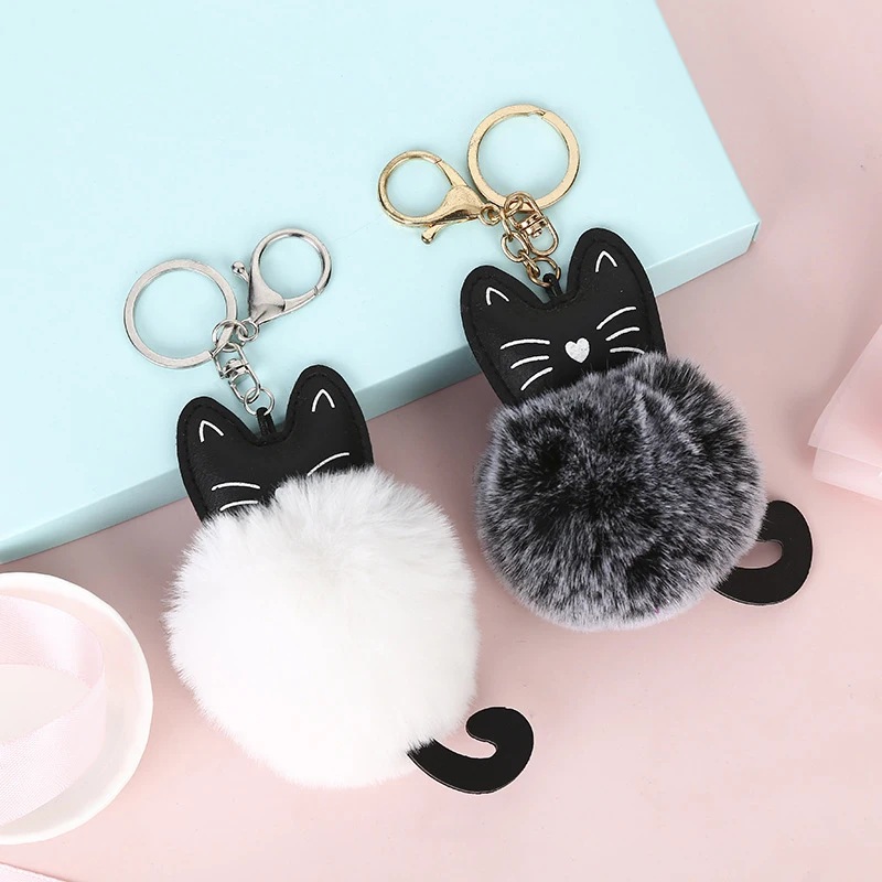 

Fashion Black Head Cat Key Chain Fluffy Artificial Rabbit Hair Keychain Porte Pompon Women Car Bag Accessories Keyring Gift