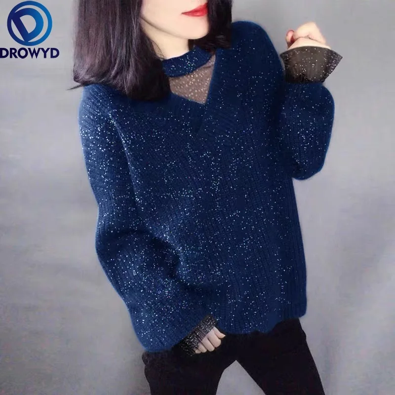 

2021 Autumn Winter New O-neck Knitted Bottoming Sweater Loose Fashion Stitching Mesh Sweater Thick Sweater Top Knitted Pullover