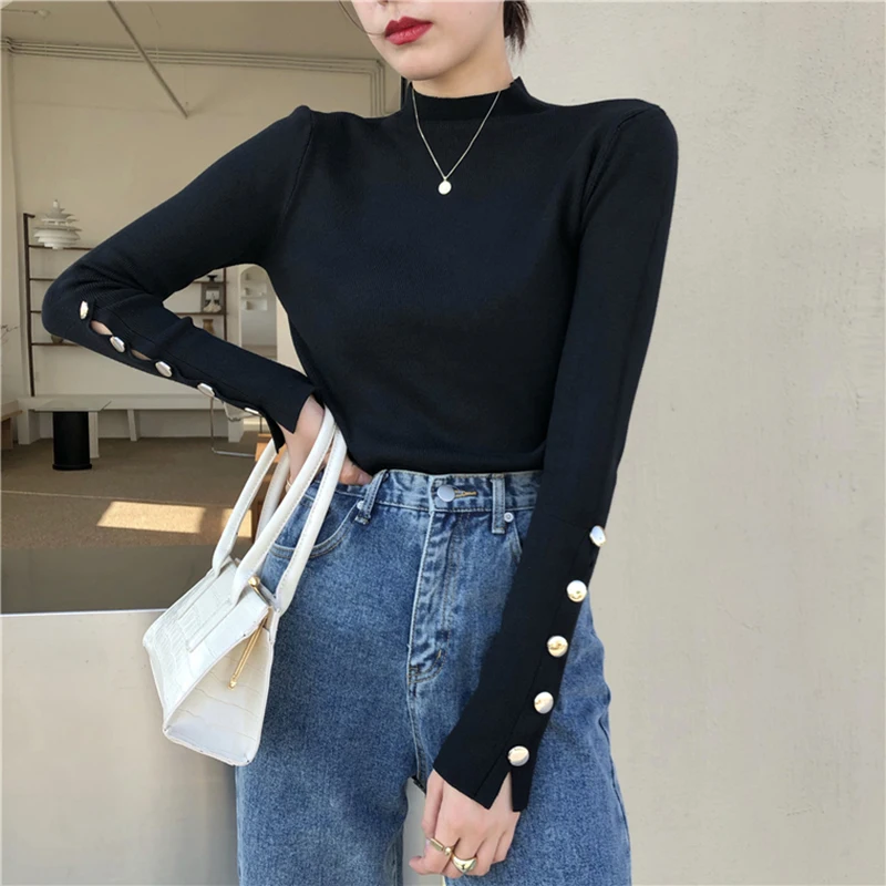 

New 2020 Autumn Winter Sweaters Tops For Women Full Sleeve Turtleneck Buttons Thicken Warm Casual Knit Pullovers Jumper Femme