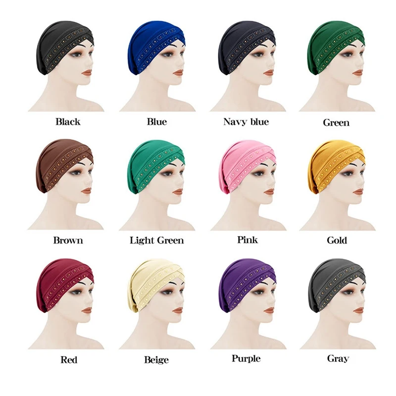 

New Arab head wrap cross Muslim female turban cap solid spandex hot-drilled African beanie hair bonnets for women TB-85B