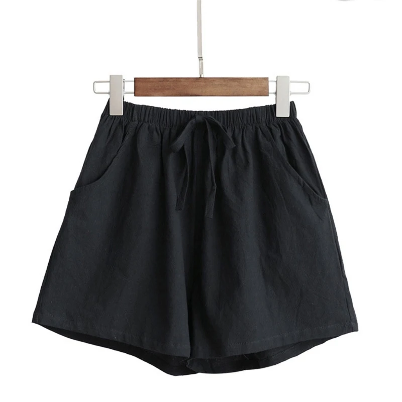 

Women Summer High Waist Cotton Linen Shorts Drawstring Elastic Waist Wide Leg Short Pants Solid Color Casual Loose Trousers