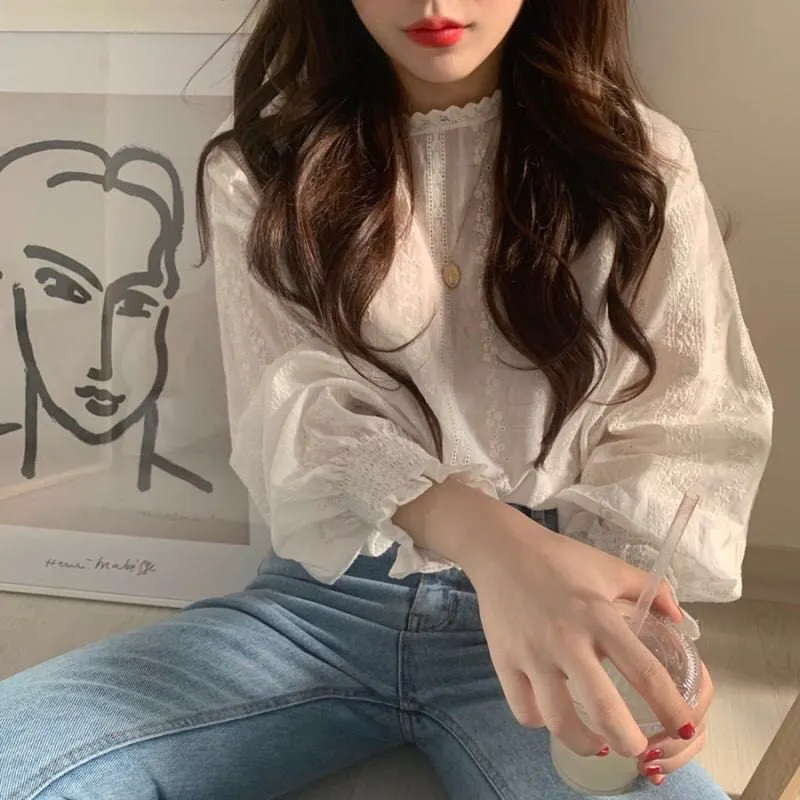

2019 Women Summer Tops Fashion Lace Flower Hollow Blouse Women Sweet Lantern Long Sleeve Shirt Rk #E