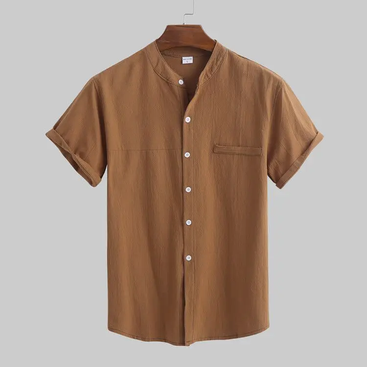

2021 Men's Short Sleeve Stand Collar Summer Thin Loose Cotton and Linen Shirt