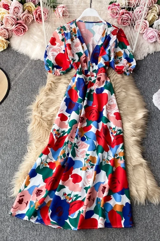 

Summer Dress French Retro Print V-neck Puff Sleeve Waist Temperament Dress Short Sleeves Fashion Slim Floral Boho Long Dress