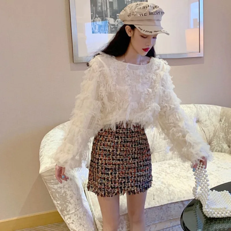 [EWQ] Милая сетчатая кружевная рубашка с круглым вырезом и длинными рукавами