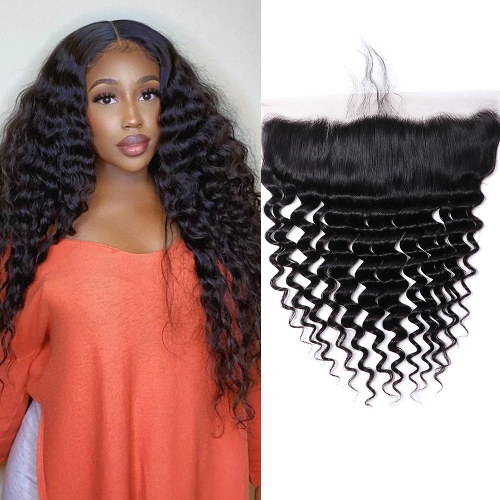 

13x4 Lace Frontal Deep Wave Human Hair Natural Color Remy Swiss Lace Hand Tied Lace Frontal Pre-Plucked Brazilian Hair