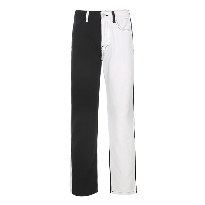 

Women Contrast Color Patchwork Jeans Pants Harajuku High Waist Y2K Straight Trousers 90s Streetwear 2021 New Casual Cargo Pants