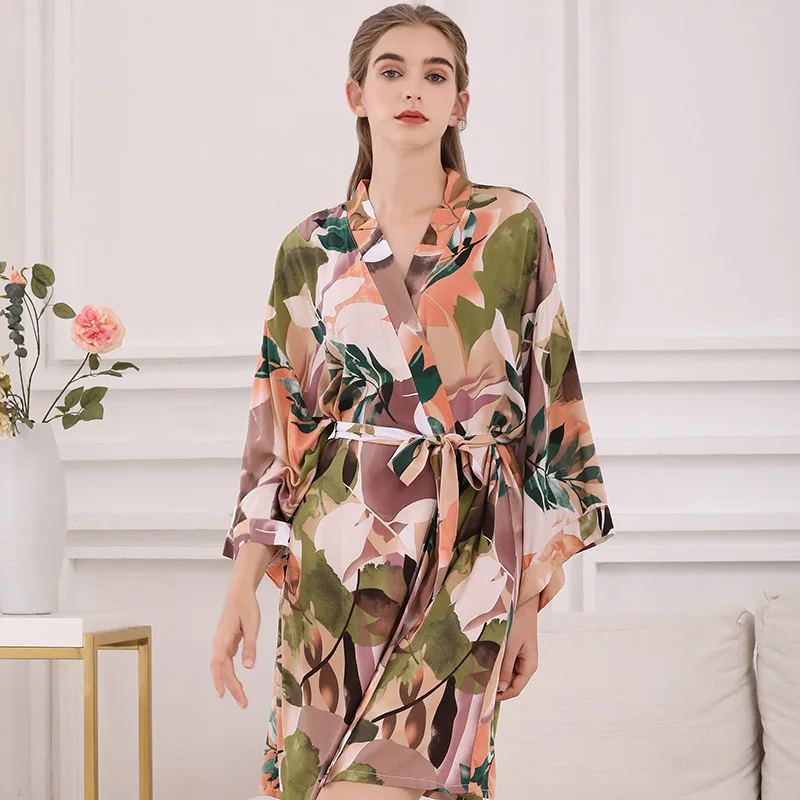 

2020 Summer New Women Sexy Robe Floral Printed Silk Satin Comfort Loose Thin Sleep Dress Femme Soft Kinomo Style Homerwear Dress