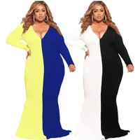 womens fashion plus size sexy deep v neck personality stitching contrast color commuting long sleeved long skirt african dress