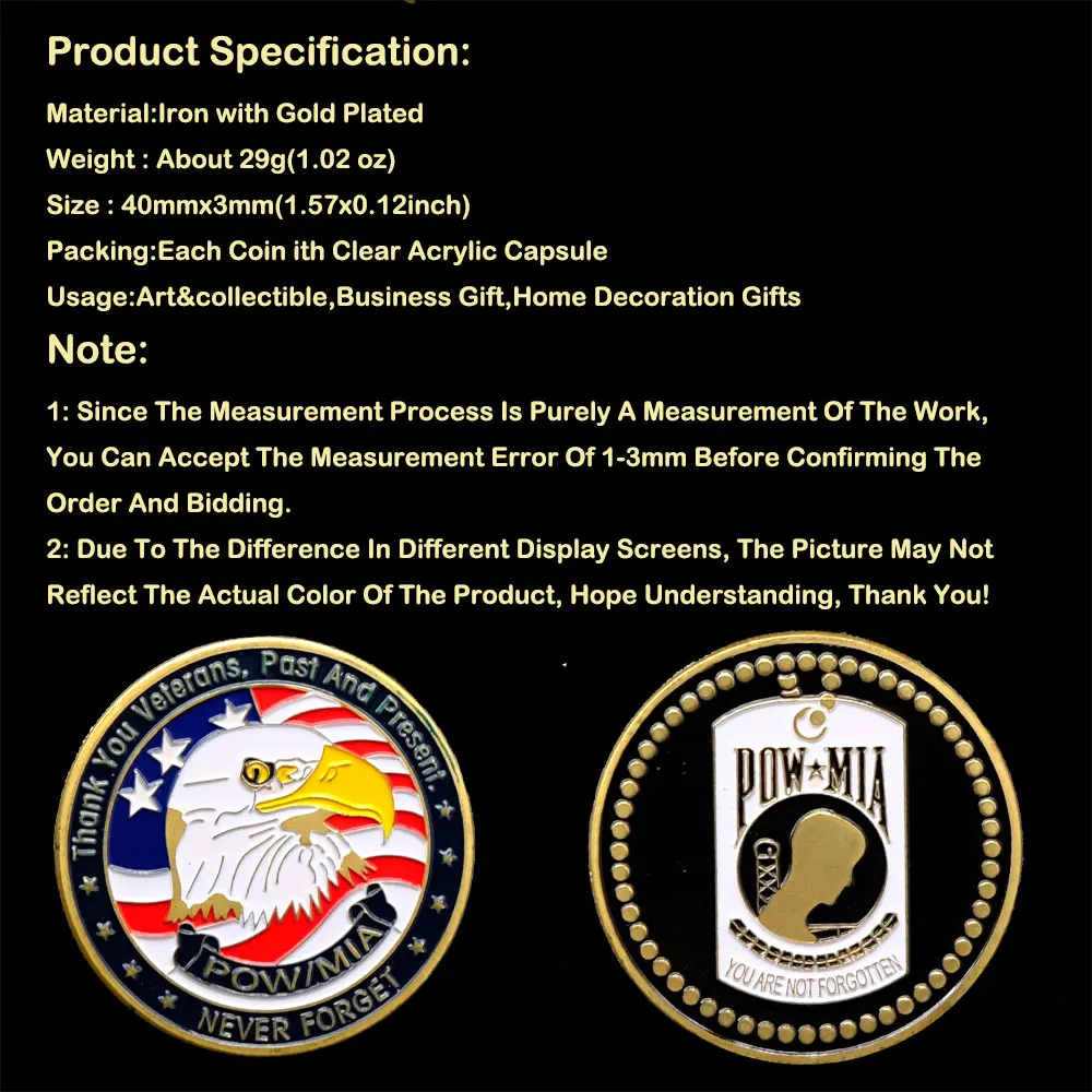 

Gold Plated Never Forget Pow Mia Usa Eagle Challenge Currency Challenger Coin Souvenirs Coins Gift Medal Antique Collectible