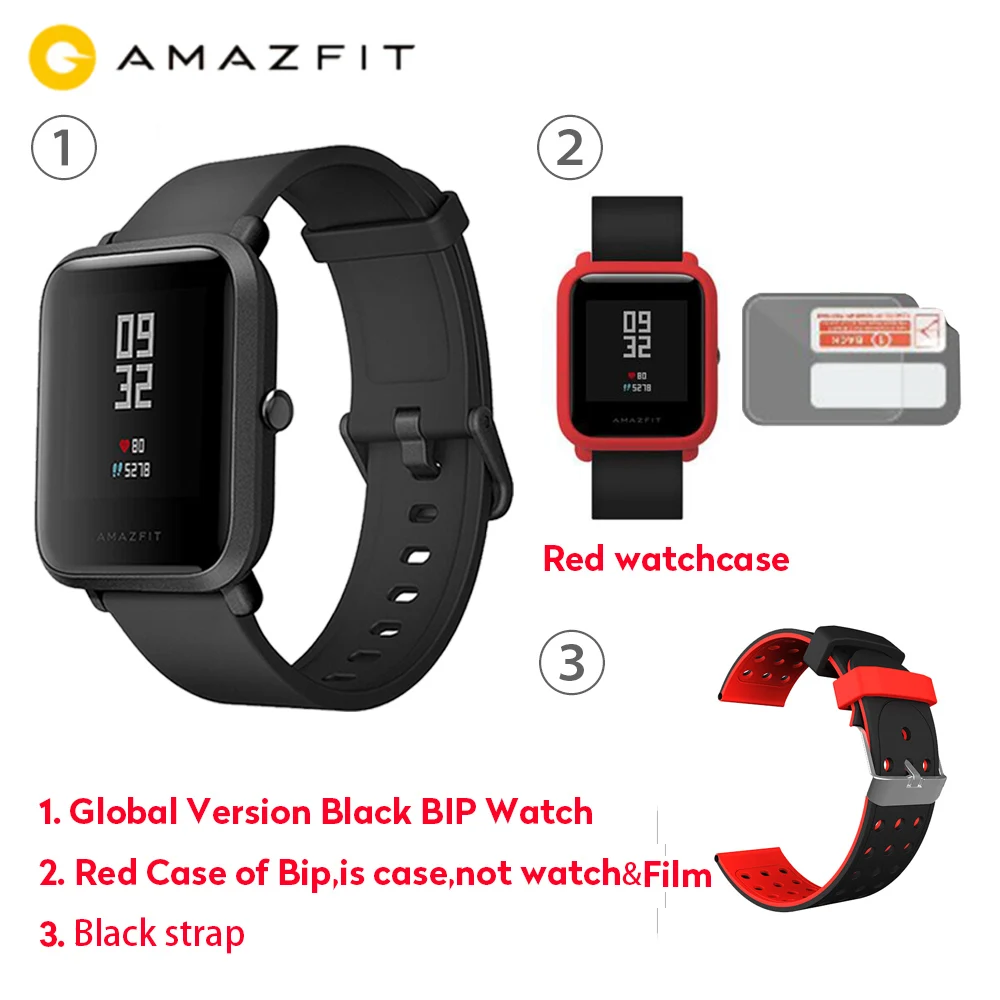 Red Case Black Strap Официальные Смарт-часы Amazfit Bip, gps, умные часы, 45 дней в режиме ожидания, монитор сердечного ритма, будильник, вибрация, IP68, водонепроницаемые, напоминание о звонках - Цвет: Red Case Black Strap