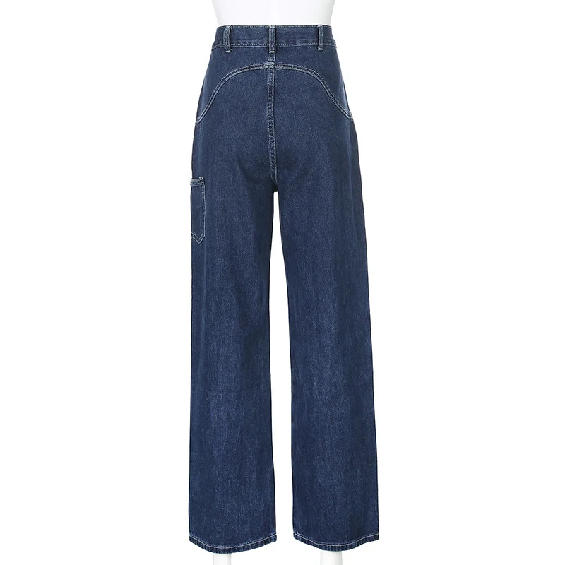 

Retro Blue Woman Jeans Causal Loose Baggy High Waist Skinny Pockets Cargo Pants Zipper Button Wide Leg Jeans Mujer Pantalones