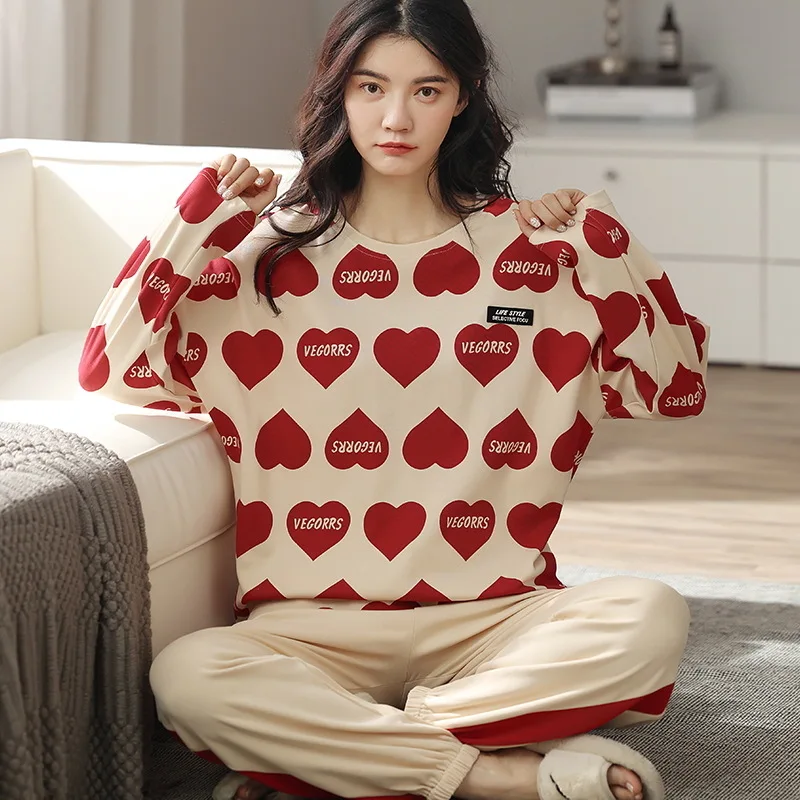 

Women's Pajamas Autumn Cotton Long-sleeved Pajamas Korean Fashion Love Heart Printing Sweet Homewear Cute Comfortable Sleepwear