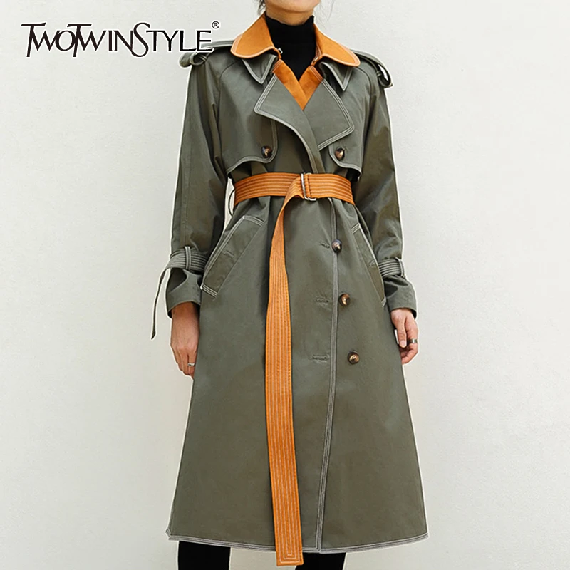 

TWOTWINSTYLE Casual Colorblock Patchwork Trench Female Lapel Long Sleeve Sashes Slim Women's Windbreaker Autumn 2021 Clothes New